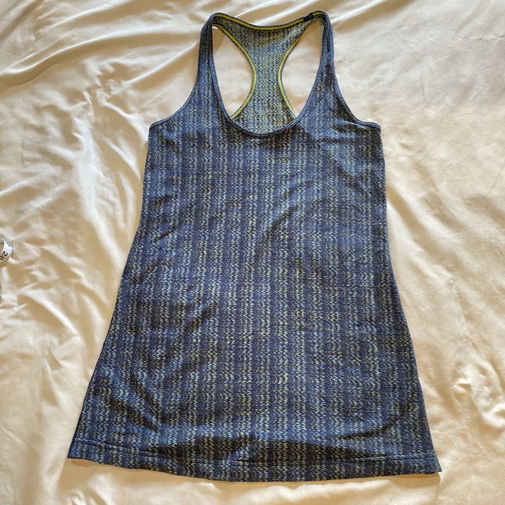 Lululemon Razorback Tank Top Blue‎ Yellow Women's Active Wear See Measurements